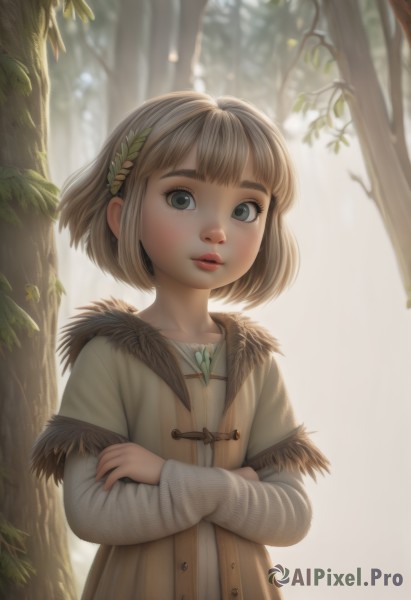 1girl,solo,looking at viewer,short hair,bangs,blonde hair,brown hair,hair ornament,long sleeves,upper body,outdoors,parted lips,day,blurry,tree,lips,coat,grey eyes,leaf,crossed arms,sunlight,child,nature,forest,backlighting,realistic,nose,female child,blue eyes,hairband,artist name,blunt bangs,fur trim,eyelashes,watermark,bob cut,thick eyebrows,feathers,web address,leaf hair ornament