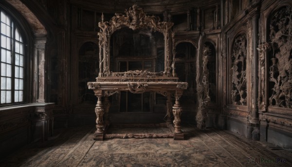 day,indoors,dutch angle,no humans,window,chair,sunlight,scenery,wooden floor,stairs,door,architecture,pillar,carpet,church,arch,column,chain,table,statue,painting (object),candlestand,chandelier