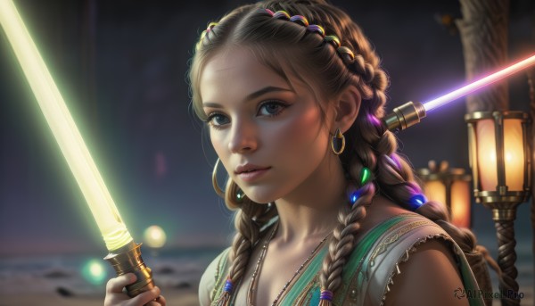 1girl,solo,long hair,looking at viewer,blue eyes,brown hair,hair ornament,holding,brown eyes,jewelry,upper body,weapon,braid,earrings,outdoors,sword,necklace,holding weapon,blurry,twin braids,lips,grey eyes,night,depth of field,blurry background,portrait,forehead,hoop earrings,lantern,realistic,nose,lamp,glowing weapon,energy sword,multiple braids,lightsaber,closed mouth,collarbone,hairband,parted lips,artist name,dark skin,dark-skinned female,fingernails,eyelashes,watermark,scar,holding sword,hair over shoulder,light,glowing sword