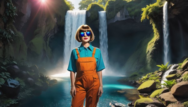 1girl,solo,looking at viewer,smile,short hair,open mouth,bangs,blue eyes,blonde hair,brown hair,shirt,standing,short sleeves,cowboy shot,outdoors,day,collared shirt,water,sunlight,sunglasses,blue shirt,lipstick,nature,scenery,wading,rock,arms at sides,overalls,tinted eyewear,waterfall,glasses,bob cut,plant,round eyewear,green shirt,wide shot,blue-framed eyewear,cliff,aqua shirt,blue-tinted eyewear