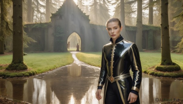 1girl,solo,looking at viewer,short hair,brown hair,long sleeves,1boy,brown eyes,closed mouth,standing,grey hair,male focus,outdoors,solo focus,day,belt,pants,water,tree,lips,black pants,sunlight,grass,building,nature,scenery,forest,reflection,light rays,realistic,fantasy,arms at sides,very short hair,sunbeam,waterfall,church,arch,cape,lake