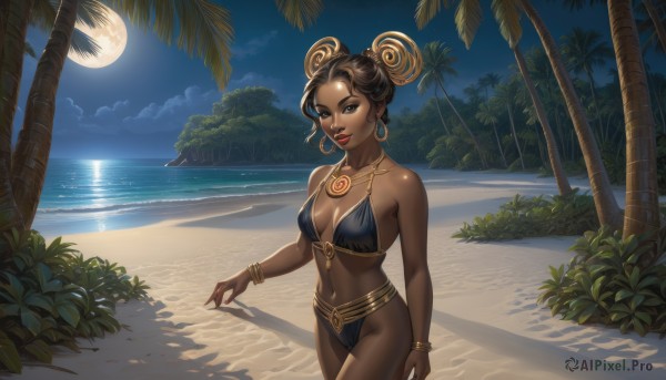 1girl,solo,breasts,looking at viewer,smile,short hair,brown hair,black hair,navel,cleavage,brown eyes,jewelry,medium breasts,standing,swimsuit,bikini,cowboy shot,earrings,outdoors,sky,cloud,dark skin,water,necklace,hair bun,bracelet,dark-skinned female,tree,lips,double bun,makeup,night,shadow,black bikini,ocean,beach,moon,night sky,full moon,hoop earrings,sand,palm tree,horizon,very dark skin,moonlight,hair ornament,day,plant,curly hair,bangle,bush