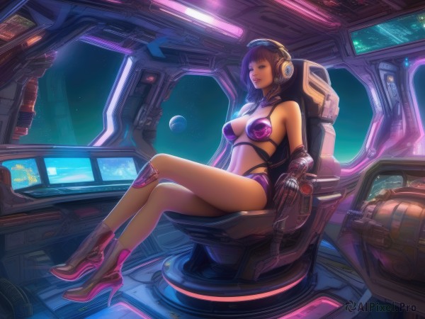 1girl,solo,long hair,breasts,large breasts,brown hair,gloves,cleavage,brown eyes,medium breasts,sitting,swimsuit,bikini,boots,shoes,shorts,high heels,lips,headphones,crossed legs,headset,science fiction,realistic,purple bikini,space,mechanical arms,monitor,planet,cyberpunk,cockpit,navel,legs,cyborg,earth (planet)