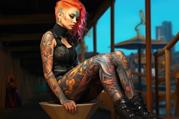 1girl,solo,breasts,short hair,cleavage,bare shoulders,jewelry,medium breasts,sitting,closed mouth,pink hair,red hair,earrings,small breasts,boots,sleeveless,day,indoors,medium hair,nail polish,black footwear,orange hair,blurry,vest,from side,lips,tattoo,makeup,blurry background,looking down,piercing,ring,ear piercing,black nails,asymmetrical hair,nose,arm tattoo,shoulder tattoo,undercut,facial tattoo,neck tattoo,closed eyes,belt,pants,collar,torn clothes,facial mark,black pants,half-closed eyes,tank top,eyeshadow,cigarette,smoking,ankle boots,facepaint,leather,leg tattoo,leather jacket,gothic,thumb ring,cyberpunk,nose piercing,lip piercing,full-body tattoo,eyebrow piercing