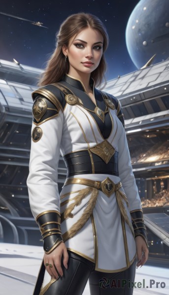 1girl,solo,long hair,breasts,looking at viewer,smile,brown hair,long sleeves,brown eyes,jewelry,closed mouth,standing,cowboy shot,earrings,sky,pants,artist name,signature,lips,sash,makeup,night,black pants,moon,ring,building,star (sky),night sky,starry sky,science fiction,gold trim,realistic,aircraft,nose,arms at sides,space,planet,spacecraft,outdoors,uniform,military,architecture,east asian architecture,shooting star