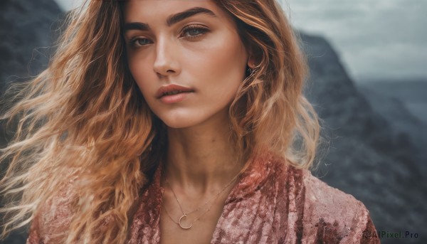 1girl,solo,long hair,looking at viewer,blue eyes,blonde hair,brown hair,jewelry,closed mouth,upper body,outdoors,sky,cloud,necklace,blurry,lips,grey eyes,eyelashes,blurry background,wavy hair,portrait,pink shirt,mountain,realistic,nose,earrings,parted lips,mole,depth of field,thick eyebrows,wind,mole on cheek