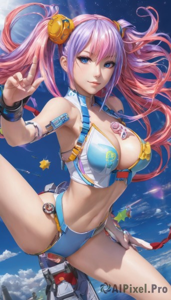 1girl,solo,long hair,breasts,looking at viewer,smile,bangs,blue eyes,large breasts,hair ornament,navel,cleavage,hair between eyes,bare shoulders,twintails,jewelry,swimsuit,pink hair,bikini,thighs,multicolored hair,outdoors,sky,sleeveless,day,midriff,artist name,cloud,spread legs,star (symbol),bracelet,two-tone hair,blue sky,lips,crop top,fingernails,tattoo,gradient hair,floating hair,leg up,wristband,between breasts,blue bikini,armlet,flying,wristwatch,badge,bikini bottom only,mismatched bikini,closed mouth,purple hair,armpits,eyelashes,watermark,sunlight,light smile,robot,ground vehicle,star (sky),zipper,aircraft,space,planet,spacecraft,rocket