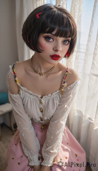 1girl,solo,breasts,looking at viewer,blush,short hair,bangs,skirt,shirt,black hair,hair ornament,long sleeves,cleavage,bare shoulders,jewelry,sitting,collarbone,white shirt,multicolored hair,small breasts,parted lips,teeth,day,belt,indoors,blunt bangs,necklace,off shoulder,mole,blurry,black eyes,lips,see-through,grey eyes,eyelashes,mole under eye,window,makeup,leaning forward,depth of field,blurry background,chair,bob cut,lipstick,curtains,blouse,eyeshadow,pink skirt,v arms,long skirt,realistic,nose,off-shoulder shirt,red lips,eyeliner,mascara,blue eyes,detached sleeves,hairclip