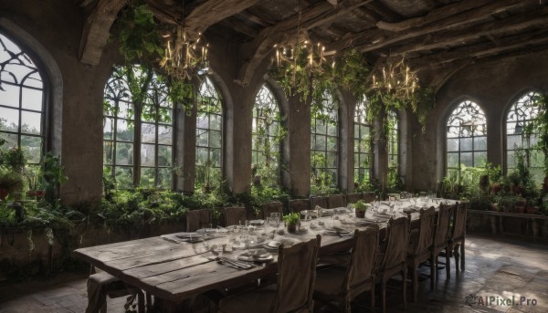 flower,day,indoors,tree,no humans,window,chair,table,sunlight,plant,scenery,potted plant,candle,ruins,vines,pillar,candlestand,chandelier,overgrown,wooden chair,wooden floor,fantasy,arch,wooden table