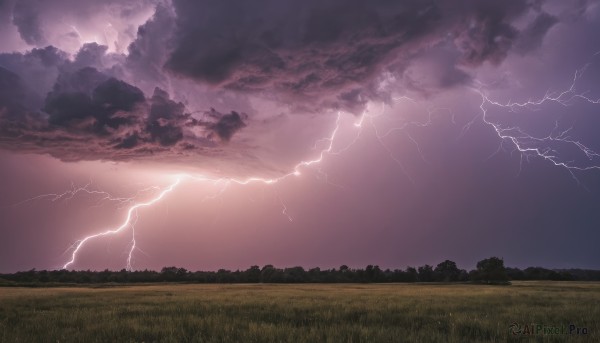 outdoors,sky,cloud,tree,no humans,cloudy sky,grass,nature,scenery,forest,mountain,electricity,field,lightning,landscape,hill,purple sky,monochrome