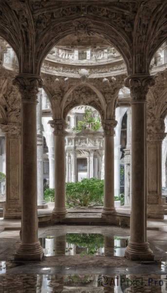 outdoors,day,water,tree,no humans,window,sunlight,plant,building,scenery,reflection,architecture,ruins,pillar,statue,church,arch,reflective floor,column,fantasy,bridge,puddle,fountain