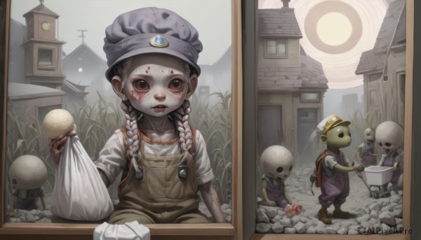 1girl,long hair,looking at viewer,shirt,black hair,hat,holding,brown eyes,sitting,white shirt,braid,short sleeves,outdoors,bag,twin braids,blood,colored skin,building,child,door,clock,female child,overalls,house,multiple others,zombie,horror (theme),blue overalls,open mouth,brown hair,standing,tongue,window,fangs,backpack,freckles,sun,sack,egg,dirty,plastic bag,dirty face,trash bag