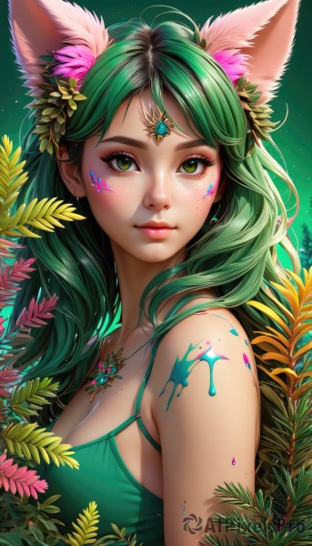 1girl,solo,long hair,breasts,looking at viewer,bangs,large breasts,hair ornament,animal ears,cleavage,bare shoulders,jewelry,medium breasts,closed mouth,green eyes,upper body,flower,earrings,green hair,artist name,cat ears,hair flower,necklace,mole,lips,animal ear fluff,fox ears,eyelashes,makeup,leaf,facial mark,plant,gem,freckles,circlet,nose,facepaint,forehead jewel,dress,brown eyes,collarbone,sleeveless,gradient,gradient background,extra ears,camisole,pendant,green background,green dress,pink lips,realistic,spaghetti strap,dirty,bodypaint,mascara