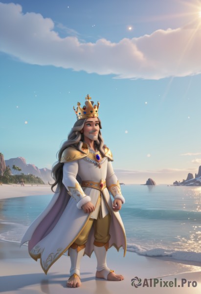 solo,long hair,smile,blue eyes,brown hair,black hair,long sleeves,1boy,jewelry,standing,full body,male focus,outdoors,sky,barefoot,day,belt,pants,cloud,dark skin,water,necklace,cape,armor,grin,tree,blue sky,facial hair,ocean,beach,crown,gem,mustache,sand,sun,toeless legwear,footprints,grey hair,shadow,sunlight,scenery,beard