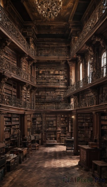 indoors,book,no humans,window,chair,table,sunlight,scenery,light rays,wooden floor,stairs,door,bookshelf,lamp,candle,architecture,stool,shelf,book stack,library,ceiling,ladder,carpet,arch,candlestand,ceiling light,rug,chandelier,day