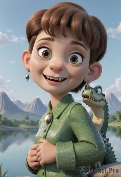 1girl,solo,looking at viewer,smile,short hair,open mouth,brown hair,shirt,long sleeves,brown eyes,jewelry,upper body,earrings,outdoors,sky,teeth,day,cloud,water,blurry,tree,blue sky,animal,fangs,own hands together,child,freckles,mountain,realistic,green shirt,female child,frog,stud earrings,mountainous horizon,lake,artist name,reflection