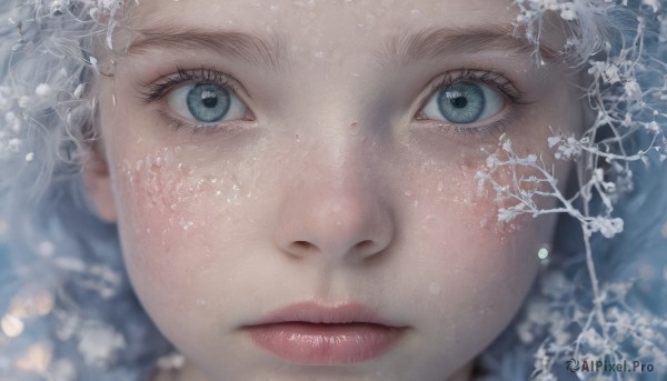 1girl,solo,looking at viewer,blue eyes,closed mouth,white hair,water,blurry,lips,grey eyes,eyelashes,portrait,close-up,freckles,realistic,nose,branch,eye focus,flower,expressionless,snowflakes