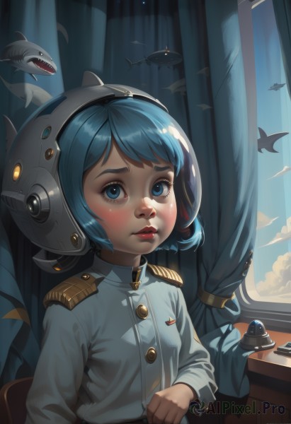 1girl,solo,looking at viewer,blush,short hair,blue eyes,long sleeves,sitting,closed mouth,blue hair,upper body,sky,belt,artist name,cloud,indoors,tears,signature,uniform,lips,military,window,military uniform,buttons,watermark,chair,helmet,curtains,web address,desk,freckles,epaulettes,realistic,aircraft,nose,red lips,spacecraft,shark,whale,deviantart username,bangs,male focus,teeth,child,science fiction,male child