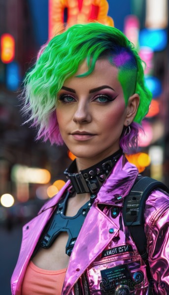 1girl,solo,breasts,looking at viewer,smile,short hair,shirt,hair ornament,jewelry,medium breasts,closed mouth,green eyes,jacket,upper body,pink hair,multicolored hair,earrings,small breasts,green hair,open clothes,choker,blurry,collar,two-tone hair,open jacket,lips,eyelashes,gradient hair,makeup,depth of field,blurry background,watermark,piercing,lipstick,web address,eyeshadow,freckles,science fiction,pink shirt,realistic,nose,stud earrings,eyeliner,very short hair,leather,undercut,cyborg,leather jacket,mascara,cyberpunk,blue eyes,outdoors,artist name,spikes,pink jacket,spiked collar,badge,button badge,neon lights