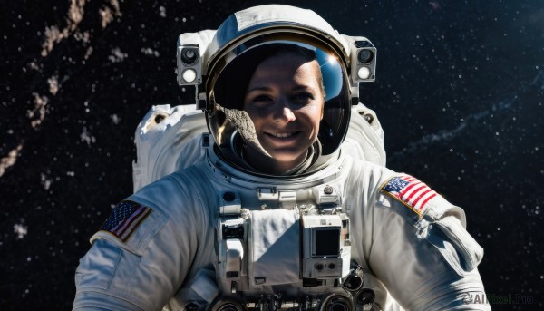 solo,looking at viewer,smile,1boy,upper body,male focus,helmet,star (sky),reflection,realistic,space,planet,earth (planet),american flag,spacesuit,japanese flag,space helmet,astronaut,1girl,black hair,closed eyes,lips,starry sky,flag print,united states,american flag print