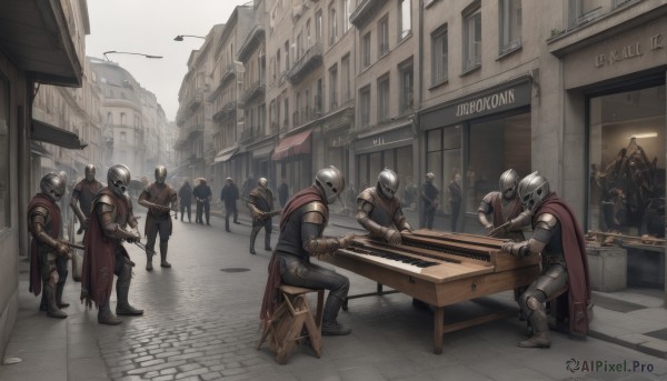 holding,sitting,weapon,boots,outdoors,multiple boys,day,sword,cape,armor,helmet,shoulder armor,gauntlets,building,instrument,scenery,6+boys,pauldrons,shield,city,music,red cape,road,playing instrument,lamppost,street,knight,full armor,crowd,board game,people,6+others,gloves,standing,holding weapon,gun,holding sword,table,sheath,cloak,rifle,sheathed,breastplate,sign,fantasy,greaves,multiple others,ambiguous gender,helm,plate armor