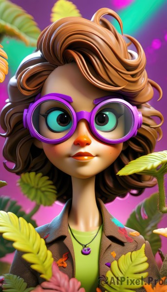 1girl,solo,looking at viewer,smile,short hair,bangs,brown hair,shirt,jewelry,closed mouth,jacket,upper body,glasses,artist name,medium hair,necklace,blurry,lips,makeup,leaf,watermark,plant,lipstick,pendant,freckles,purple background,curly hair,brown jacket,round eyewear,green shirt,print shirt,tinted eyewear,purple-framed eyewear,blue eyes,mole,feathers