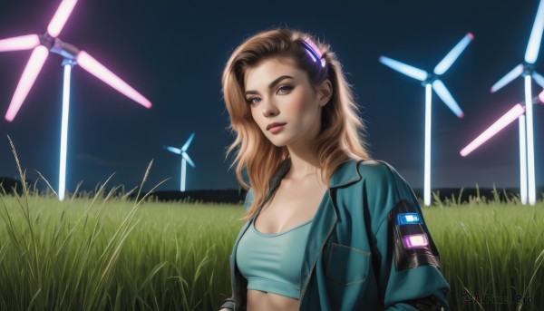 1girl,solo,long hair,breasts,looking at viewer,blue eyes,blonde hair,brown hair,hair ornament,cleavage,brown eyes,medium breasts,jacket,upper body,hairband,outdoors,open clothes,midriff,open jacket,lips,crop top,makeup,night,grass,blue shirt,science fiction,green jacket,realistic,energy sword,laser,collarbone,parted lips,blue jacket,sports bra,cyberpunk,denim jacket