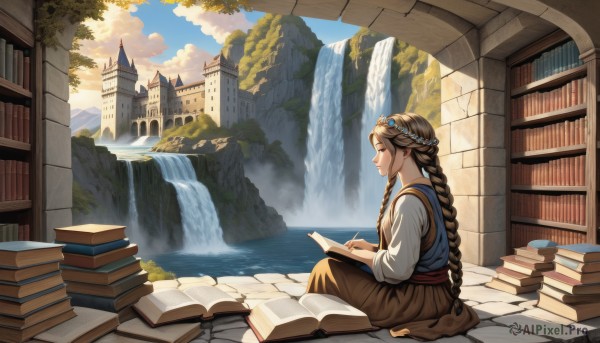 1girl,solo,long hair,smile,skirt,brown hair,shirt,hair ornament,long sleeves,dress,holding,brown eyes,sitting,very long hair,braid,outdoors,sky,day,cloud,water,twin braids,from side,tree,blue sky,book,profile,cloudy sky,building,scenery,holding book,long skirt,brown skirt,circlet,open book,fantasy,bookshelf,reading,head wreath,castle,book stack,waterfall,library,fountain,closed mouth,closed eyes,white shirt,barefoot,artist name,signature,single braid,braided ponytail,mountain,pillar