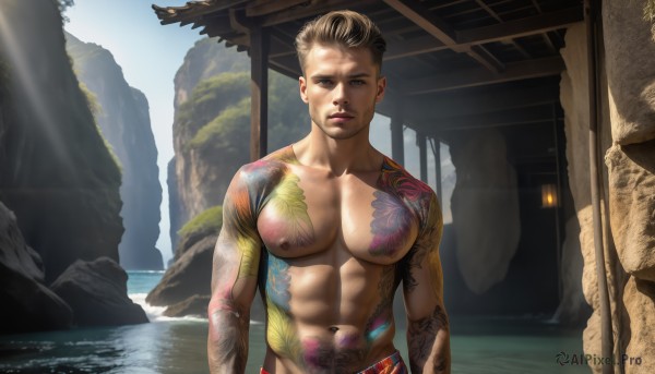 HQ,1girl,solo,breasts,looking at viewer,short hair,blue eyes,blonde hair,1boy,navel,jewelry,closed mouth,nipples,upper body,male focus,nude,earrings,outdoors,day,water,lips,tattoo,muscular,facial hair,abs,sunlight,pectorals,muscular male,bara,large pectorals,rock,realistic,arm tattoo,shoulder tattoo,undercut,chest tattoo,stomach tattoo,obliques,sky,artist name