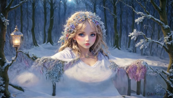 HQ,1girl,solo,long hair,looking at viewer,blue eyes,blonde hair,hair ornament,dress,jewelry,upper body,flower,earrings,outdoors,parted lips,hair flower,necklace,white dress,tree,lips,night,moon,nature,snow,forest,lantern,snowing,winter,bare tree,blush,realistic