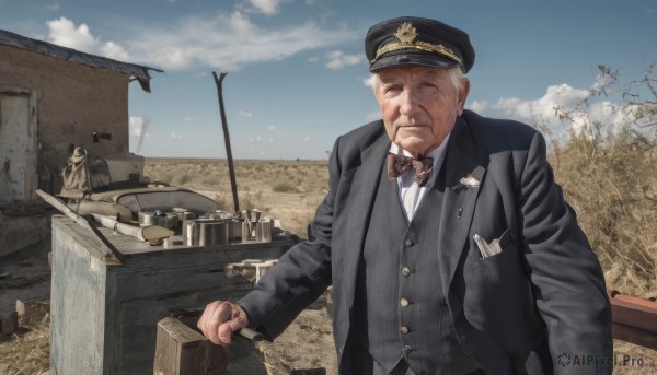 solo,looking at viewer,shirt,long sleeves,1boy,hat,bow,closed mouth,jacket,white shirt,upper body,weapon,white hair,male focus,outdoors,one eye closed,sky,day,striped,collared shirt,cloud,bowtie,uniform,vest,tree,blue sky,coat,black jacket,gun,military,black headwear,military uniform,buttons,facial hair,scar,formal,suit,ground vehicle,peaked cap,motor vehicle,scar on face,military hat,realistic,mustache,military vehicle,car,old,old man,traditional bowtie,cane,photo background,grey vest,open clothes,black bow,parody,beard,meme,black bowtie,manly,soldier