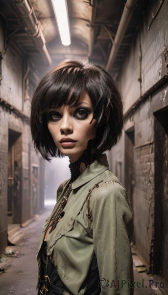 1girl,solo,looking at viewer,short hair,bangs,black hair,long sleeves,brown eyes,closed mouth,jacket,upper body,outdoors,open clothes,choker,blurry,black eyes,from side,lips,bob cut,realistic,nose,alley,eyelashes,makeup