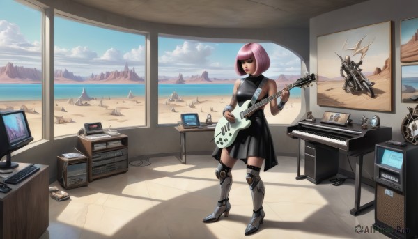 1girl,solo,short hair,thighhighs,dress,holding,bare shoulders,standing,full body,pink hair,boots,sky,sleeveless,day,cloud,indoors,black dress,window,sleeveless dress,shadow,ocean,beach,bob cut,robot,instrument,science fiction,music,guitar,computer,television,playing instrument,cyborg,electric guitar,mechanical legs,armor,high heels,desk,game console,amplifier