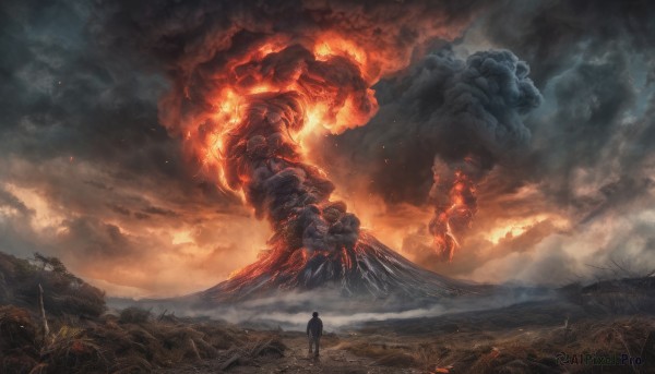 1boy, outdoors, sky, cloud, cloudy sky, fire, scenery, monster, mountain, giant, molten rock