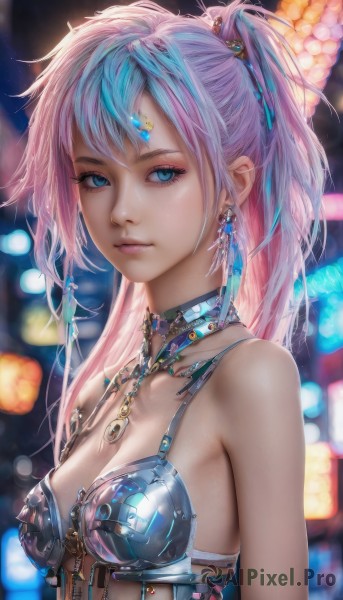 1girl,solo,long hair,breasts,looking at viewer,bangs,blue eyes,hair ornament,cleavage,bare shoulders,jewelry,medium breasts,closed mouth,underwear,blue hair,collarbone,swimsuit,upper body,ponytail,pink hair,bikini,multicolored hair,earrings,small breasts,choker,necklace,bra,armor,blurry,two-tone hair,lips,eyelashes,makeup,depth of field,blurry background,gem,realistic,nose,bikini armor,bokeh,blue gemstone,mascara,watermark,expressionless