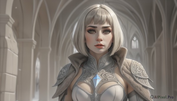 1girl,solo,breasts,looking at viewer,short hair,bangs,blonde hair,brown eyes,medium breasts,upper body,parted lips,indoors,blunt bangs,cape,armor,blurry,lips,grey eyes,makeup,blurry background,bob cut,shoulder armor,gem,pauldrons,red lips,multiple girls,2girls,white hair,thick eyebrows,pillar