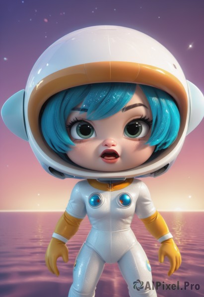 1girl,solo,looking at viewer,short hair,open mouth,bangs,gloves,green eyes,blue hair,standing,sky,teeth,artist name,water,lips,aqua hair,bodysuit,ocean,upper teeth only,watermark,helmet,star (sky),web address,starry sky,freckles,sunset,realistic,horizon,spacesuit,space helmet,astronaut,yellow gloves