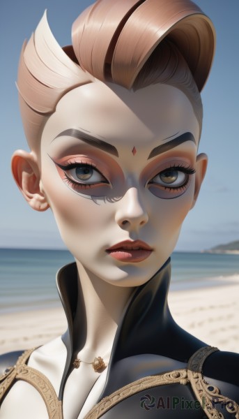 1girl,solo,looking at viewer,short hair,blonde hair,brown eyes,jewelry,closed mouth,multicolored hair,earrings,outdoors,parted lips,sky,day,artist name,necklace,blue sky,lips,eyelashes,makeup,ocean,facial mark,beach,lipstick,portrait,eyeshadow,forehead mark,nose,red lips,eyeliner,mascara,blue eyes,brown hair,white hair,two-tone hair