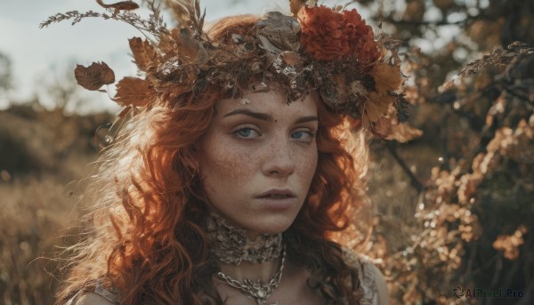 1girl,solo,long hair,looking at viewer,blue eyes,brown hair,hair ornament,jewelry,flower,red hair,outdoors,parted lips,choker,artist name,hair flower,necklace,orange hair,blurry,lips,depth of field,blurry background,leaf,wavy hair,portrait,freckles,curly hair,realistic,upper body,day,eyelashes,red flower,nose