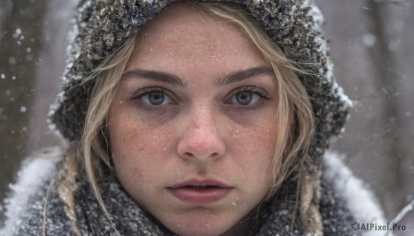 1girl,solo,long hair,looking at viewer,blonde hair,hat,closed mouth,parted lips,hood,blurry,lips,grey eyes,eyelashes,portrait,snow,close-up,freckles,snowing,realistic,nose,winter,brown eyes,outdoors,fur trim,depth of field,blurry background,hood up,winter clothes