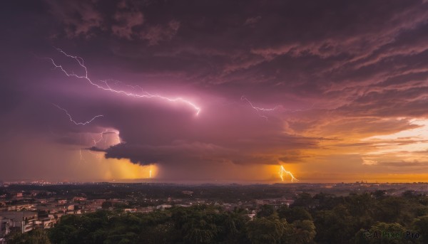 A lightning captured beautifully in a tranquil sunset outdoors