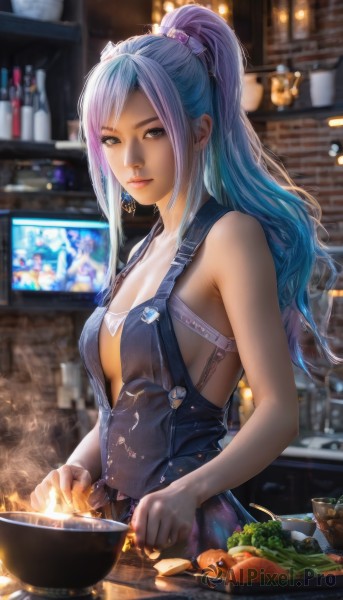 1girl,solo,long hair,breasts,looking at viewer,smile,bangs,blue eyes,large breasts,hair ornament,cleavage,bare shoulders,jewelry,medium breasts,closed mouth,underwear,blue hair,upper body,ponytail,sidelocks,multicolored hair,earrings,food,sleeveless,indoors,bra,blurry,apron,lips,grey eyes,sideboob,depth of field,blurry background,suspenders,high ponytail,realistic,nose,overalls,carrot,cooking,kitchen,vegetable,frying pan,counter,stove,purple hair,artist name,gradient hair,bowl,onion,salad