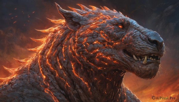 solo,open mouth,red eyes,horns,sky,teeth,cloud,orange eyes,no humans,glowing,fangs,fire,sharp teeth,glowing eyes,spikes,smoke,monster,dragon,scales,embers,molten rock,kaijuu,from side,realistic