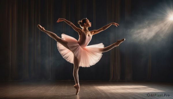 1girl,solo,black hair,pantyhose,hair bun,leotard,dark-skinned female,single hair bun,standing on one leg,dancing,plantar flexion,ballerina,ballet slippers,ballet,tutu,breasts,open mouth,skirt,dress,bare shoulders,standing,full body,closed eyes,small breasts,indoors,dark skin,flat chest,bare arms,profile,leg up,sunlight,outstretched arms,white pantyhose,light rays,realistic,light,tiptoes,split,spotlight,athletic leotard