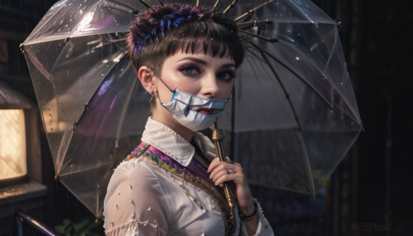 1girl,solo,looking at viewer,smile,short hair,bangs,blue eyes,brown hair,shirt,black hair,long sleeves,holding,jewelry,jacket,upper body,earrings,outdoors,teeth,collared shirt,artist name,hand up,signature,necklace,nail polish,blurry,black eyes,bracelet,from side,wet,see-through,eyelashes,makeup,mask,depth of field,blurry background,umbrella,watermark,piercing,ring,ear piercing,web address,eyeshadow,rain,beads,holding umbrella,realistic,nose,mouth mask,eyeliner,transparent,bead bracelet,surgical mask,transparent umbrella,hair ornament,necktie,lips,veil,red lips