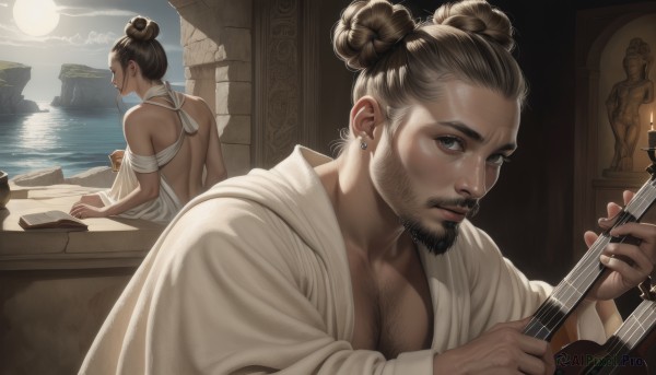 1girl,looking at viewer,short hair,brown hair,black hair,1boy,holding,brown eyes,jewelry,sitting,upper body,male focus,earrings,sky,indoors,water,hair bun,lips,double bun,muscular,facial hair,moon,single hair bun,pectorals,muscular male,instrument,beard,reflection,robe,mature male,backless outfit,realistic,nose,mustache,music,guitar,candle,backless dress,playing instrument,holding instrument,chest hair,pectoral cleavage,white robe,book,night,piercing