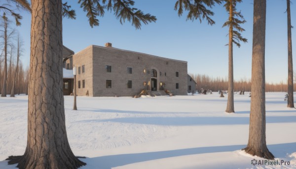 outdoors,sky,day,tree,blue sky,no humans,window,shadow,building,nature,scenery,snow,door,house,winter,bare tree,road