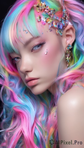 1girl,solo,long hair,looking at viewer,bangs,blue eyes,hair ornament,bare shoulders,jewelry,closed mouth,blue hair,pink hair,multicolored hair,earrings,green hair,shiny,from side,lips,looking to the side,grey eyes,eyelashes,aqua hair,gradient hair,makeup,piercing,black background,gem,portrait,eyeshadow,freckles,pink lips,realistic,nose,eyeliner,colorful,mascara,rainbow hair,artist name,watermark,beads,crystal,blue gemstone,green gemstone,pearl (gemstone)