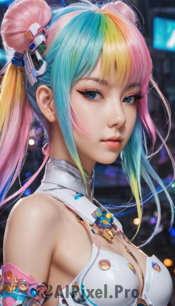 1girl,solo,long hair,breasts,looking at viewer,bangs,blue eyes,blonde hair,hair ornament,cleavage,bare shoulders,twintails,medium breasts,closed mouth,blue hair,upper body,pink hair,multicolored hair,green hair,shiny,hair bun,blurry,two-tone hair,lips,eyelashes,double bun,aqua hair,gradient hair,makeup,detached collar,blurry background,science fiction,realistic,nose,mascara,swimsuit,sidelocks,bikini,small breasts,artist name,from side,depth of field,portrait,eyeshadow,badge,button badge,rainbow hair