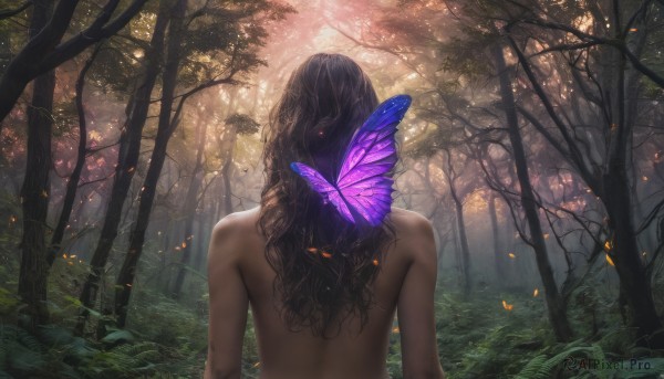 1girl, solo, long hair, black hair, upper body, nude, outdoors, wings, from behind, tree, back, sunlight, bug, butterfly, nature, forest, facing away